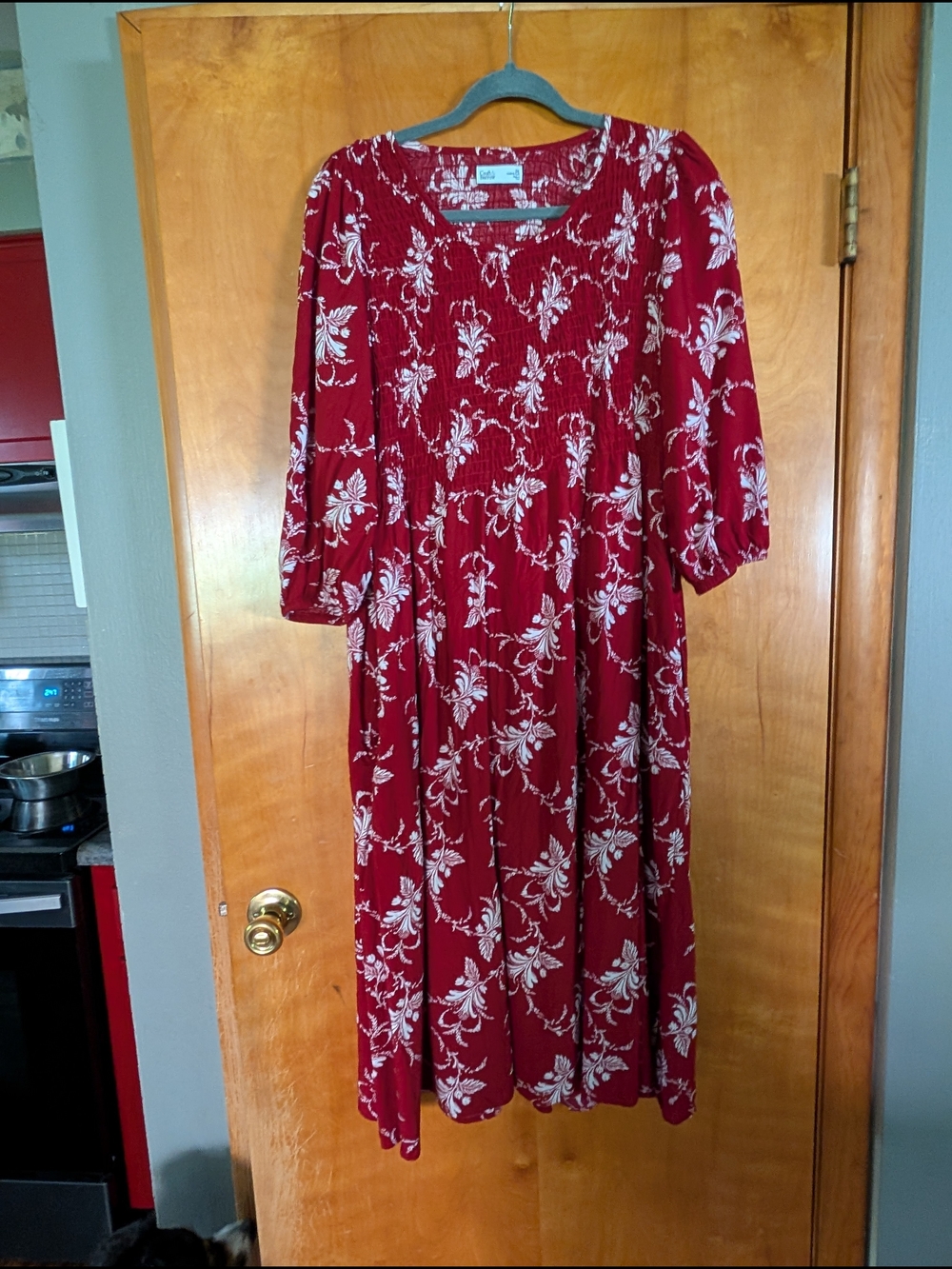 Women's Red And White Floral Midi Dress - Smocked Bodice